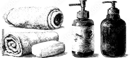 Vintage bathroom essentials: basket, soap, towel, and bottle set in halftone engraving style