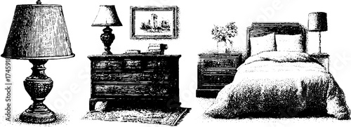 Vintage bedroom set: bed, nightstand, lamp, and rug with stipple effect for interior design