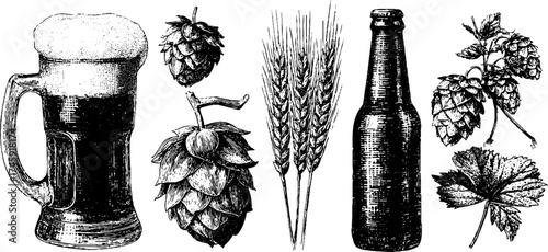 Vintage beer collection with mug, hops, wheat, and bottle for design and decoration