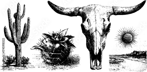 Western desert elements: cactus, bull skull, sun, and sand for rustic design