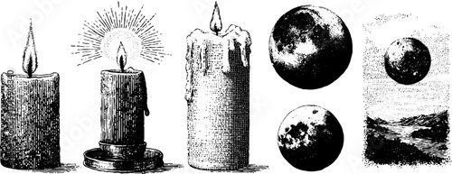 Vintage candle and moon illustrations with stipple and halftone effects for creative design