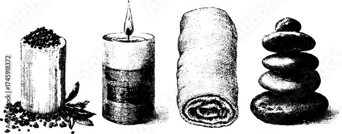 Tranquil spa set with candle, salt, towel, and stones in vintage halftone style
