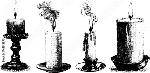 Vintage candles and holders with smoke reflections in halftone style for design projects