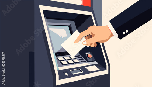 A hand inserts a card into the ATM, illustrating banking and finance activity