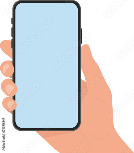 A flat vector illustration of a hand holding a modern smartphone with a blank light blue screen, ideal for mockups and displaying mobile content