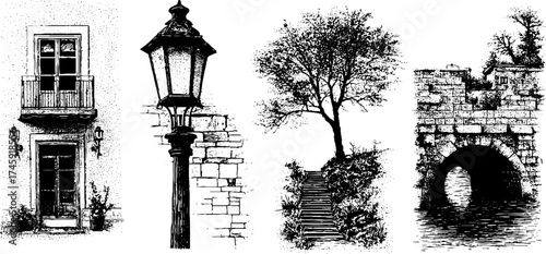 Architectural urban scenes and historical bridge details with vintage stipple effect for design