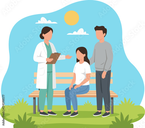 A female doctor consults with a young couple outdoors in a park, offering compassionate support and medical advice in a calm, natural setting