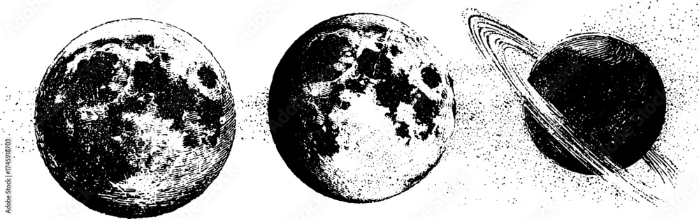 Naklejka premium Cosmic geometry and anatomy: three detailed celestial objects in vintage dotwork style