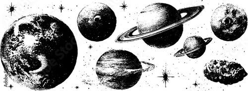 Cosmic fragments and classical elements: celestial bodies with retro halftone style