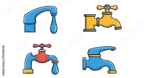 Colorful cartoon illustrations depicting various styles of water faucets and taps