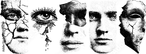 Vintage cracked mask and face shards stipple illustration set
