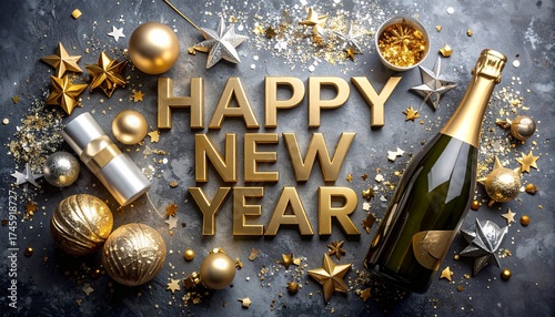 Happy new year gold and silver background, champagne bottle, baubles, holiday decorations, confetti and glitter celebration wallpaper