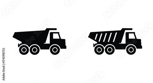 Two simple black and white illustrations of dump trucks side by side