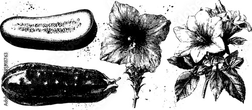 Cucumber and zucchini slices with flowers: botanical set for design and decor