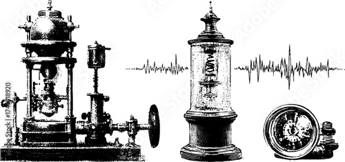 Vintage electrostatic machine and leyden jar with discharge rods - science and technology illustration