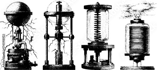 Historical electrostatic machine with leyden jar and discharge rods for scientific study and display