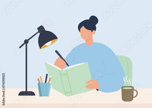 A woman sits at a desk under a lamp, writing in a journal with a warm drink, illustrating concepts of studying, learning, and focused work