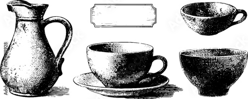 Vintage enameled jug, cup, bowl, plate, and label design for kitchen decor