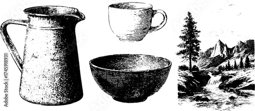 Vintage enameled jug, cup, and bowl set with scenic landscape for rustic decoration and collectibles