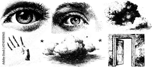 Vintage engraving of eye, cloud, hand, star, and open door objects for design and art projects