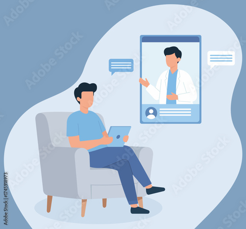 A patient consults a doctor online via video call on a tablet, illustrating the concept of telemedicine and remote healthcare from the comfort of home