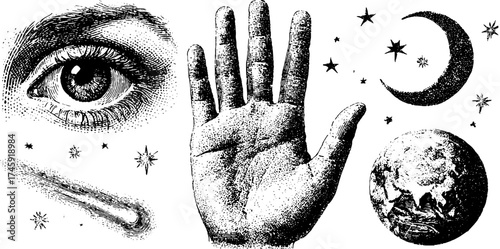 Celestial and human elements: eye, moon, comet, stars, and hand in vintage etching style