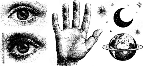 Celestial and anatomical elements: eye, moon, comet, star, and hand with planet for design