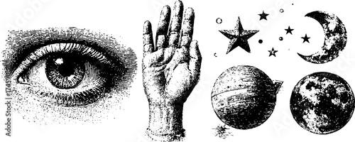 Celestial and mystical elements: eye, moon, comet, star, and hand with planet design for spiritual art and decor