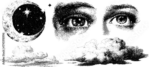 Celestial and natural elements in vintage dotwork style for artistic design