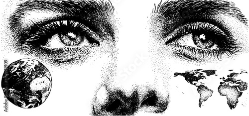 Human connection to cosmos and planet earth - abstract stipple art