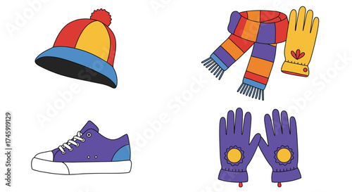 Colorful winter accessories including hats gloves scarf and sneakers displayed