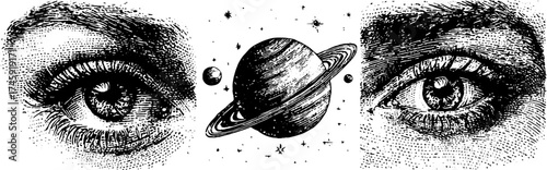Cosmic vista: eyes gazing at planetary worlds in a starry galaxy