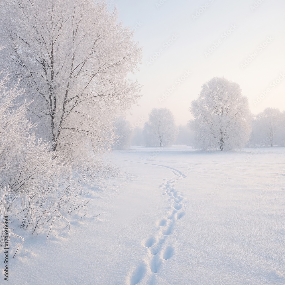 Obraz premium Quiet winter countryside near Bramsche coated in fresh snow with frosted trees pale blue sky and soft footprints leading through a peaceful frozen meadow