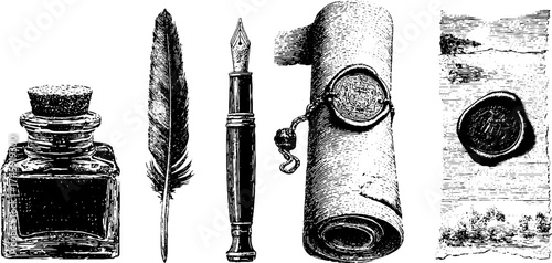 Vintage writing tools and accessories with fountain pen, ink bottle, scroll, and wax seal