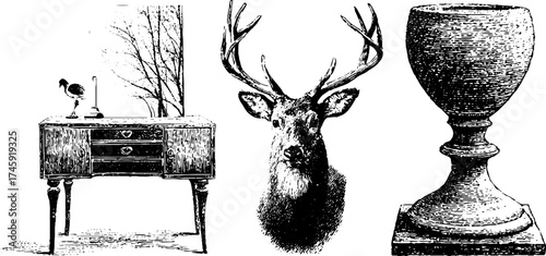 Vintage art collection: etched frames, deer sculpture, and pedestal design for classic decor