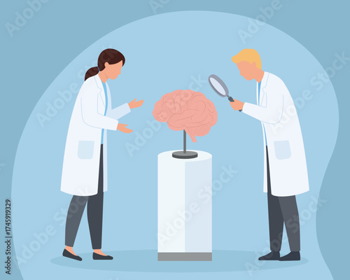 Two scientists in lab coats studying a human brain, one with a magnifying glass, symbolizing neuroscience research, analysis, and discovery