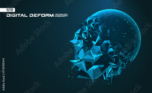Dynamic 3D polygonal sphere of flying geometric fragments. Abstract visualization of digital transformation, artificial intelligence, data flow. Futuristic low poly structure of evolution, innovation