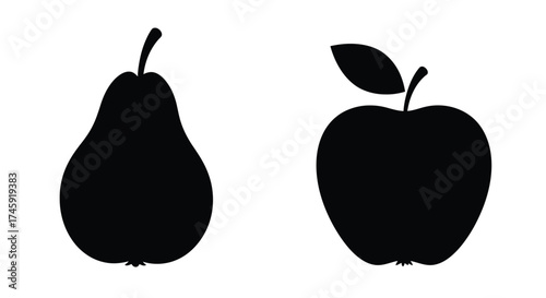 Black silhouettes of a pear and an apple on a white background