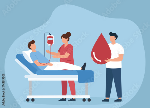 A man donates blood to a patient in a hospital bed, assisted by a nurse. This illustrates the life-saving act of blood donation and medical care