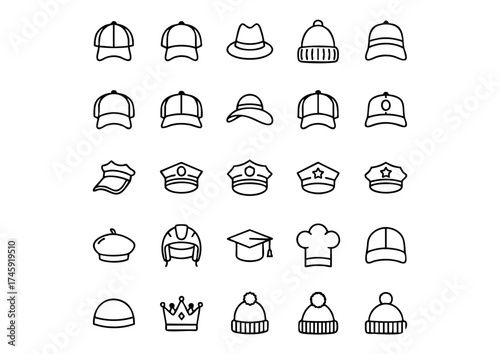 Vector Headwear Icon Set: 25 Black and White Caps, Diverse Collection of Cap and Hat Line Art Icons, Hats and Headwear: Outline Vector Icon Collection