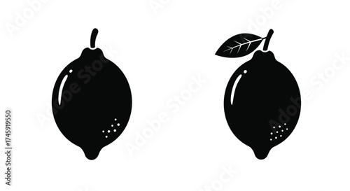 Simple black and white illustration of two whole lemons with leaves
