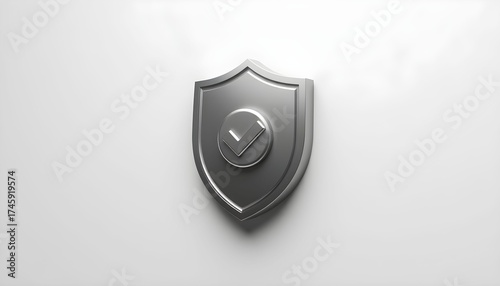 A metallic silver shield with a checkmark icon symbolizing security, safety, and verification.