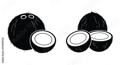 Black and white illustration of whole and halved coconuts displayed together