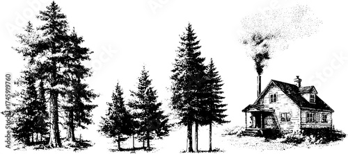 Rustic house with chimney smoke and forest scene under starry night for decoration or design