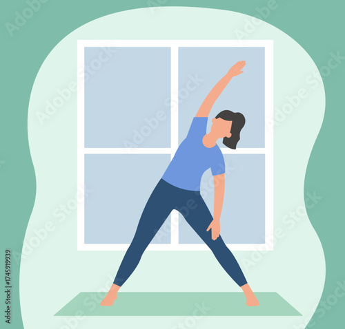 A woman practices yoga at home, stretching on a mat in front of a window. This flat vector illustration promotes wellness, fitness, and a healthy lifestyle