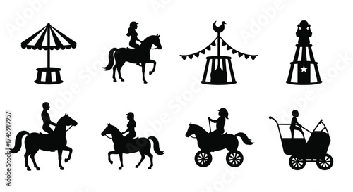 Vintage circus silhouette icons depicting performers animals and equipment