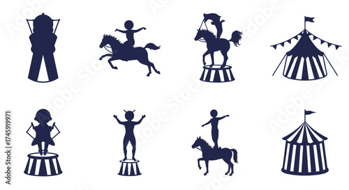 Classic circus silhouettes depicting performers animals and big top tents