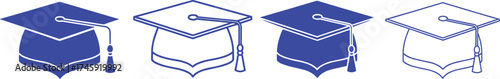 Set of blue graduation cap icons in solid and outline styles symbolizing academic achievement and commencement