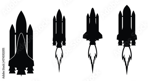 Black silhouettes of four rockets launching with fiery exhaust plumes below