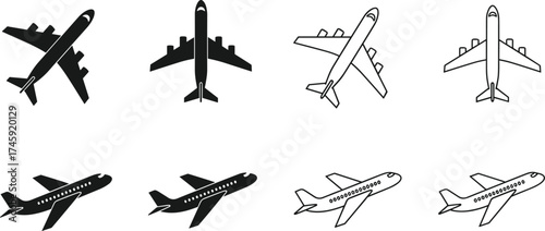 Airplane Icons Set Commercial Aviation and Flight Vectors